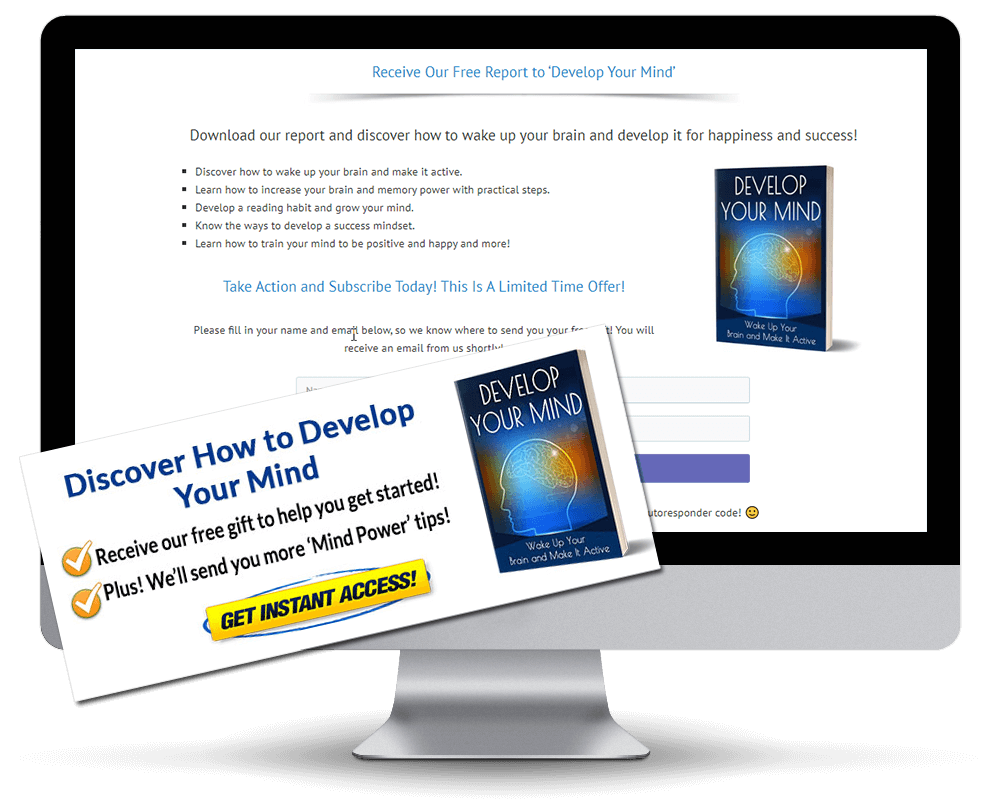 Develop Your Mind PLR Squeeze Page and CTA Graphic