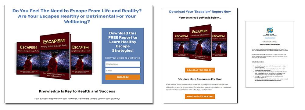 Escapism PLR Report Squeeze Page (or Optin Page), Download Page